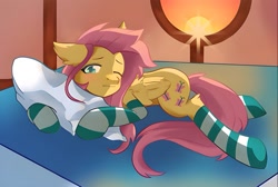 Size: 1097x737 | Tagged: safe, artist:lipona, fluttershy, pegasus, pony, g4, anime style, bed, clothes, complex background, crossed hooves, cute, ear fluff, female, fluffy, fluffy hair, fluffy tail, fluffy wings, folded wings, hug, long legs, lying down, lying on bed, mare, on bed, one eye closed, pillow, pillow hug, shy, shyabetes, sleepy, slender, socks, solo, striped socks, sunset, tail, thin, three quarter view, wings