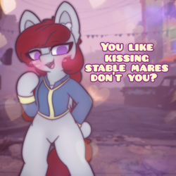 Size: 2664x2664 | Tagged: safe, alternate version, artist:sodapop sprays, oc, oc only, oc:skyfire lumia, pegasus, pony, semi-anthro, fallout equestria, belly, belly button, bipedal, blushing, boykisser, clothes, ear fluff, eye clipping through hair, fallout, featureless crotch, female, jumpsuit, looking at you, mare, smug, solo, stable (vault), text, vault dweller, vault suit