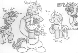 Size: 1701x1172 | Tagged: safe, artist:rosa ushiromiya, starlight glimmer, sunburst, trixie, twilight sparkle, alicorn, pony, unicorn, g4, blushing, clothes, female, flag, hat, horn, male, mare, mirror, spanish, stallion, traditional art, trixie's hat