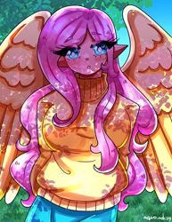 Size: 2550x3300 | Tagged: safe, artist:mylittleyuri, fluttershy, human, g4, blushing, breasts, busty fluttershy, clothes, cute, elf ears, female, humanized, shadow, shyabetes, skirt, solo, sweater, sweatershy, winged humanization, wings