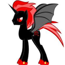 Size: 2000x2000 | Tagged: safe, artist:dashiemlpfim, oc, oc only, oc:omega brony, alicorn, bat pony, alicorn oc, alicornified, backstory in description, black and red mane, edgy, evil smile, horn, lore, mary sue, oc villain, overpowered, ow the edge, race swap, red and black oc, simple background, smiling, solo, transparent background, wings