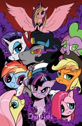 Size: 2008x3088 | Tagged: safe, artist:duvivi, idw, applejack, fluttershy, king sombra, pinkie pie, princess cadance, rainbow dash, rarity, spike, twilight sparkle, alicorn, dragon, earth pony, pegasus, pony, unicorn, g4, reflections, spoiler:comic, alternate universe, dark mirror universe, evil applejack, evil cadance, evil counterpart, evil fluttershy, evil rainbow dash, evil spike, evil twilight, former good king sombra, good king sombra, horn, i can't believe it's not idw, mane seven, mane six, mirror universe, pinkamena diane pie, wingless spike