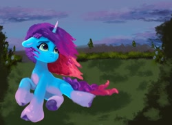 Size: 1600x1163 | Tagged: safe, artist:snowy_mystery, misty brightdawn, pony, unicorn, g5, dusk, female, horn, mare, nature, outdoors, rebirth misty, sad, solo