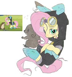 Size: 1028x1098 | Tagged: safe, artist:wooodd_, fluttershy, beaver, pegasus, pony, g4, magic duel, clothes, costume, dangerous mission outfit, female, goggles, hoodie, mare, reference used, simple background, sitting, teary eyes, white background