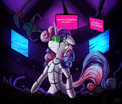 Size: 2499x2135 | Tagged: safe, artist:jphyperx, sweetie belle, android, pony, robot, unicorn, g4, code phantom (destabilize pt. 4a), destabilize, green eyes, horn, junk, solo, sweetie bot, technology