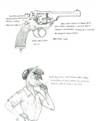 Size: 1035x1300 | Tagged: safe, artist:baron engel, anthro, black and white, female, grayscale, gun, handgun, mare, monochrome, pencil drawing, police officer, revolver, simple background, solo, traditional art, weapon, webley, white background