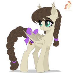 Size: 2500x2500 | Tagged: safe, artist:r4hucksake, oc, oc only, oc:cookie cream, bat pony, pony, bow, braid, braided pigtails, braided tail, female, hair tie, mare, pigtails, simple background, solo, standing, tail, tail bow, transparent background, turned head