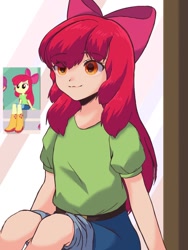 Size: 768x1024 | Tagged: safe, artist:namaenonaipony, apple bloom, human, equestria girls, g4, belt, clothes, denim, humanized, jeans, pants, reference used, screencap reference, shirt, sitting, smiling, solo, t-shirt