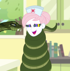 Size: 1058x1080 | Tagged: safe, artist:tyriuskishayinew16, nurse redheart, chimera, human, snake, equestria girls, g4, coils, cute, duo, female, hat, hypno eyes, hypnosis, hypnotized, kaa eyes, looking at each other, looking at someone, nurse hat, open mouth, open smile, smiling, smiling at each other