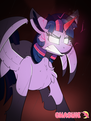 Size: 3600x4800 | Tagged: safe, artist:gnashie, twilight sparkle, alicorn, g4, angry, chest fluff, glowing, glowing eyes, gradient background, gritted teeth, horn, solo, sparks, teeth, twilight sparkle (alicorn), wings