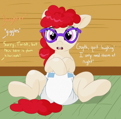 Size: 1868x1839 | Tagged: safe, artist:nineplusten, twist, earth pony, pony, g4, braces, bucktooth, clubhouse, crusaders clubhouse, diaper, diaper fetish, dork, embarrassed, female, fetish, filly, foal, glasses, hooves to the chest, non-baby in diaper, offscreen character, poofy diaper, solo, spread legs, spreading