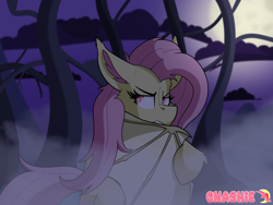 Size: 4800x3600 | Tagged: safe, artist:gnashie, fluttershy, bat pony, g4, bat ponified, cloud, ears back, flutterbat, fog, forest, frown, moon, nature, night, outdoors, race swap, red eyes, signature, sitting, solo, tree, wings