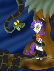 Size: 1024x1331 | Tagged: safe, artist:lol20, rarity, pony, snake, unicorn, g4, bipedal, blushing, coils, cute, duo, female, horn, hypno eyes, hypnority, hypnosis, hypnotized, jungle outfit, kaa, kaa eyes, looking at each other, looking at someone, male, mare, open mouth, open smile, outfit, raribetes, smiling, smiling at each other, tree