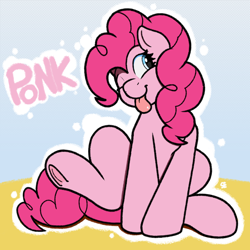 Size: 2048x2048 | Tagged: safe, artist:sefastpone, pinkie pie, earth pony, pony, g4, ;p, abstract background, cute, diapinkes, female, frog (hoof), mare, one eye closed, ponk, sitting, solo, tongue out, underhoof, wink