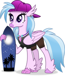 Size: 4562x5319 | Tagged: safe, artist:anime-equestria, silverstream, classical hippogriff, hippogriff, g4, absurd resolution, alternate hairstyle, backwards ballcap, baseball cap, cap, ear piercing, female, hat, jewelry, necklace, piercing, simple background, smiling, solo, surfboard, transparent background, vector, wings