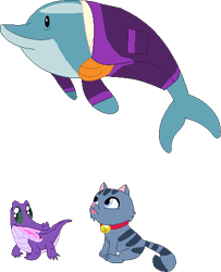 Size: 379x466 | Tagged: safe, artist:victorfazbear, edit, bubbles cherub mcsquee, finn tastic, alligator, cat, dolphin, g4, g4.5, my little pony: pony life, g4.5 to g4, generation leap, male, simple background, transparent background