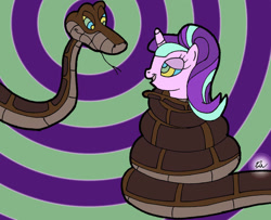 Size: 1024x833 | Tagged: safe, artist:lol20, starlight glimmer, pony, snake, unicorn, g4, coils, cute, female, horn, hypno eyes, hypnosis, hypnotized, kaa, kaa eyes, looking at each other, looking at someone, male, mare, open mouth, open smile, s5 starlight, smiling, smiling at each other, snake tail, tail, tongue out, wrapped snugly, wrapped up