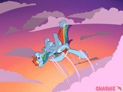 Size: 4800x3600 | Tagged: safe, artist:gnashie, rainbow dash, pegasus, pony, g4, absurd resolution, cloud, colored wings, eyebrows, female, flying, grin, mare, multicolored wings, signature, sky, smiling, smirk, smug, solo, spread wings, sunset, upside down, wings