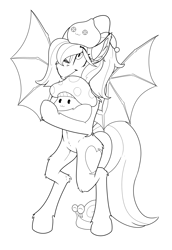 Size: 1928x2805 | Tagged: safe, artist:gnashie, oc, oc only, oc:blood moon, bat pony, snail, bat pony oc, bipedal, ear fluff, fangs, lineart, looking up, maplestory, mushroom, ponytail, simple background, slime, solo, white background, wings