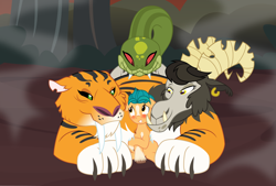 Size: 3572x2408 | Tagged: safe, artist:badumsquish, derpibooru exclusive, chimera sisters, hitch trailblazer, big cat, chimera, earth pony, goat, pony, snake, tiger, g4, g5, bedroom eyes, blushing, critter magnet, ear piercing, earring, eyes on the prize, female, flirting, floppy ears, g5 to g4, generation leap, grin, happy, harem horror, hitch trailblazer gets all the creatures, hitch trailblazer gets all the mares, i am an adult, imminent foursome, imminent sex, implied interspecies, jewelry, larger female, looking at someone, lucky bastard, lying down, male, meme, multiple heads, nervous, ominous, paws, piercing, piper perri surrounded, prehensile tail, prone, scared, scaroused, scene interpretation, sharp teeth, show accurate, size difference, smaller male, smiling, stallion, straight, stranger danger, tail, tail hold, teeth, this will end in snu snu, three heads, wall of tags