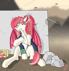 Size: 2850x2949 | Tagged: safe, artist:gnashie, oc, oc only, oc:blood moon, bat pony, pony, fallout equestria, bandage, bullet, clothes, covering, covering crotch, female, firefight, healing potion, injured, jewelry, jumpsuit, mare, medkit, necklace, one eye closed, partially undressed, pipbuck, ponytail, raised hoof, scar, sitting, vault suit