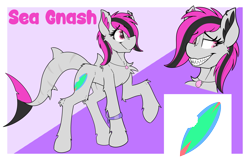 Size: 3437x2217 | Tagged: safe, artist:gnashie, oc, oc only, oc:sea gnash, original species, shark, shark pony, concave belly, ear piercing, earring, jewelry, leg band, necklace, piercing, redesign, reference sheet, sharp teeth, shell, teeth, thin