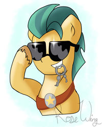 Size: 1504x1825 | Tagged: safe, artist:flutterbug18, hitch trailblazer, earth pony, pony, g5, my little pony: tell your tale, bust, chad, key, male, mouth hold, portrait, raised hoof, sheriff's badge, simple background, smiling, solo, stallion, sunglasses