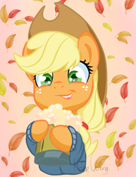 Size: 1144x1480 | Tagged: safe, artist:flutterbug18, applejack, earth pony, pony, g4, applejack's hat, autumn, autumn leaves, cider, cider mug, clothes, cowboy hat, cute, female, hat, jackabetes, leaves, mare, mug, solo, sweater