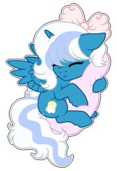 Size: 1300x1900 | Tagged: safe, artist:persefawn, oc, oc only, oc:fleurbelle, alicorn, pony, alicorn oc, bow, female, hair bow, holding pillow, horn, mare, pink bow, simple background, sleeping, solo, tail, transparent background, two toned hair, two toned mane, two toned tail, wings