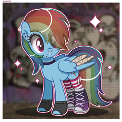 Size: 5000x5000 | Tagged: safe, artist:scarffist, rainbow dash, pegasus, pony, g4, bandage, bandaged wing, base used, black eyeshadow, choker, chokerdash, clothes, collar, converse, cute, ear piercing, earring, emo, emodash, eye clipping through hair, eyeshadow, female, fingerless gloves, gloves, hoof shoes, jewelry, lip piercing, long tail, makeup, mare, multicolored hair, nose piercing, nose ring, passepartout, piercing, purple eyes, rainbow hair, shoes, short hair, short mane, sneakers, socks, solo, sparkles, stockings, striped socks, surprised, tail, thigh highs, wings