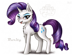 Size: 1300x980 | Tagged: safe, artist:nightfury2020, rarity, pony, unicorn, g4, :p, blush lines, blushing, chest fluff, ear fluff, eyeshadow, female, flank fluff, fluffy, full body, hock fluff, horn, looking at you, makeup, mare, open mouth, simple background, solo, tongue out, walking, white background