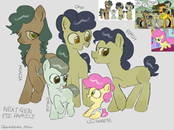 Size: 4096x3072 | Tagged: safe, artist:metaruscarlet, idw, official comic, acacia pie, birch pie, li'l cheese, oak pie, spruce pie, earth pony, pony, friendship is magic #99, g4, my little pony: friendship is magic (idw), spoiler:comic, baby, baby pony, colt, diaper, english, female, filly, foal, gray background, grumpy, looking at each other, looking at someone, male, mane, older, open mouth, raised hoof, reference, screencap reference, simple background, sitting, text