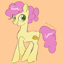 Size: 4096x4096 | Tagged: safe, artist:metaruscarlet, li'l cheese, earth pony, pony, g4, grin, male, mane, older, older li'l cheese, orange background, raised hoof, simple background, smiling, solo