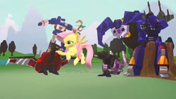 Size: 1920x1080 | Tagged: safe, artist:tannerthecat1996, discord, fluttershy, pegasus, pony, g4, 3d, crossover, decepticon, female, gmod, group shot, laserbeak, mare, petting, ratbat, ravage, rumble (transformers), soundwave, transformers