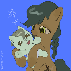 Size: 4096x4096 | Tagged: safe, artist:metaruscarlet, acacia pie, spruce pie, earth pony, pony, g4, baby, baby pony, babysitting, blue background, braid, braided pigtails, brother and sister, colt, diaper, duo, female, foal, holding a baby, looking at each other, looking at someone, male, mare, not an oc, open mouth, pigtails, pleased, siblings, simple background, stars