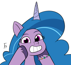 Size: 2778x2550 | Tagged: safe, artist:frownfactory, izzy moonbow, pony, unicorn, g5, my little pony: tell your tale, bracelet, calarts, female, friendship bracelet, hooves on face, horn, jewelry, looking at you, mare, simple background, smiling, smiling at you, solo, transparent background