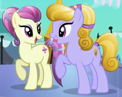 Size: 434x346 | Tagged: safe, screencap, amber waves, fleur de verre, crystal pony, pony, g4, season 3, the crystal empire, background pony, cropped, crystal empire, duo, duo female, eyeshadow, female, looking at each other, looking at someone, makeup, mare, open mouth, open smile, ponies standing next to each other, raised hoof, smiling, standing