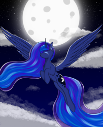 Size: 2972x3654 | Tagged: safe, artist:marbatra, princess luna, alicorn, g4, belly, belly button, crying, ethereal mane, ethereal tail, female, flying, impossibly long tail, long mane, long tail, mare, moon, night, round belly, tail