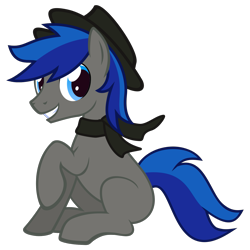 Size: 1406x1406 | Tagged: safe, artist:the smiling pony, oc, oc only, oc:onyx vesper, pony, 2024 community collab, derpibooru community collaboration, .svg available, clothes, hat, looking at you, male, raised hoof, scarf, sitting, smiling, solo, stallion, svg, vector