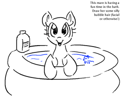 Size: 734x600 | Tagged: safe, artist:anonymous, g4, bath toy, bathing, bottle, doodle, duochrome, female, inflatable pool, leaning, lineart, looking at you, mare, misspelling, no mane, opaque inflatable, open mouth, open smile, pony base, simple background, smiling, smiling at you, soap, soap bottle, solo, template, text, water, white background