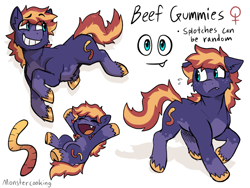 Size: 2160x1620 | Tagged: safe, artist:beefgummies, oc, oc only, oc:beef gummies, earth pony, pony, curly hair, curly mane, curly tail, cute, cutie mark, fangs, female, fluffy, grin, gummy worm, hooves, multicolored hair, piebald coat, redesign, reference sheet, simple background, smiling, solo, tail, teal eyes, unshorn fetlocks, white background