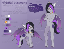 Size: 6200x4700 | Tagged: safe, alternate version, artist:shad0w-galaxy, oc, oc only, oc:nightfall harmony, bat pony, pony, anthro, absurd resolution, bat pony oc, bat wings, cheek fluff, chest fluff, commission, cutie mark, ear fluff, ear piercing, explicit source, fangs, featureless crotch, glasses, gradient background, hooves, jewelry, looking at you, male, necklace, piercing, reference sheet, shoulder fluff, smiling, stallion, text, unshorn fetlocks, wings