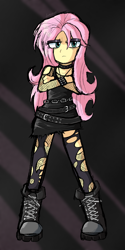 Size: 1440x2889 | Tagged: safe, artist:lemomew, fluttershy, equestria girls, g4, annoyed, boots, clothes, crossed arms, emoshy, fishnet clothing, fishnet stockings, fluttergoth, flutterpunk, goth, punk, shoes, solo, stockings, thigh highs