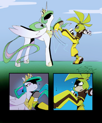 Size: 1061x1280 | Tagged: source needed, safe, artist:winekqknw, princess celestia, alicorn, pony, g4, comic, concave belly, crossover, duo, female, fight, kick, mare, no effect, now you fucked up, slender, sonic the hedgehog (series), surge the tenrec, thin, this will end in death, this will end in tears, this will end in tears and/or a journey to the moon, this will end in tears and/or death, this will not end well