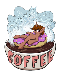 Size: 1000x1200 | Tagged: safe, artist:rocket-lawnchair, oc, oc only, oc:coffee, pony, unicorn, coffee, coffee cup, cup, donut, food, horn, simple background, solo, transparent background, unicorn oc