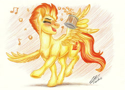 Size: 3485x2512 | Tagged: safe, artist:lupiarts, spitfire, pegasus, pony, g4, alcohol, blushing, colored pencil drawing, colored sketch, cute, cutefire, dancing, drink, drunk, singing, sketch, solo, spread wings, tipsyfire, traditional art, wings