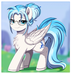 Size: 2206x2284 | Tagged: safe, artist:pridark, oc, oc only, oc:lesa castle, pegasus, pony, blurry background, chest fluff, female, glasses, hairpin, looking at you, milf, outdoors, passepartout, pegasus oc, solo, standing, wings