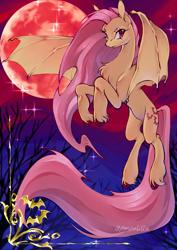 Size: 1240x1754 | Tagged: safe, artist:baddogcredentials, fluttershy, bat pony, pony, g4, bat ponified, blood moon, chest fluff, female, flutterbat, flying, full moon, looking at you, mare, moon, race swap, solo, spread wings, unshorn fetlocks, wings