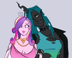 Size: 3112x2508 | Tagged: safe, artist:peachmichea, princess cadance, queen chrysalis, human, g4, breasts, bust, busty princess cadance, choker, duo, duo female, elf ears, fangs, female, gray background, height difference, holding hands, horn, horned humanization, humanized, jewelry, lesbian, necklace, pony coloring, ship:cadalis, shipping, signature, simple background, smiling