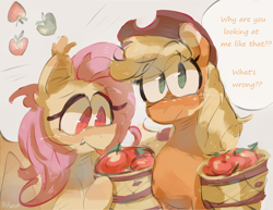 Size: 2550x1972 | Tagged: safe, artist:pakmur, applejack, fluttershy, bat pony, earth pony, g4, apple, bat ponified, chest fluff, cute, duo, eyes open, female, flutterbat, food, hat, race swap, shyabetes, simple background, speech bubble